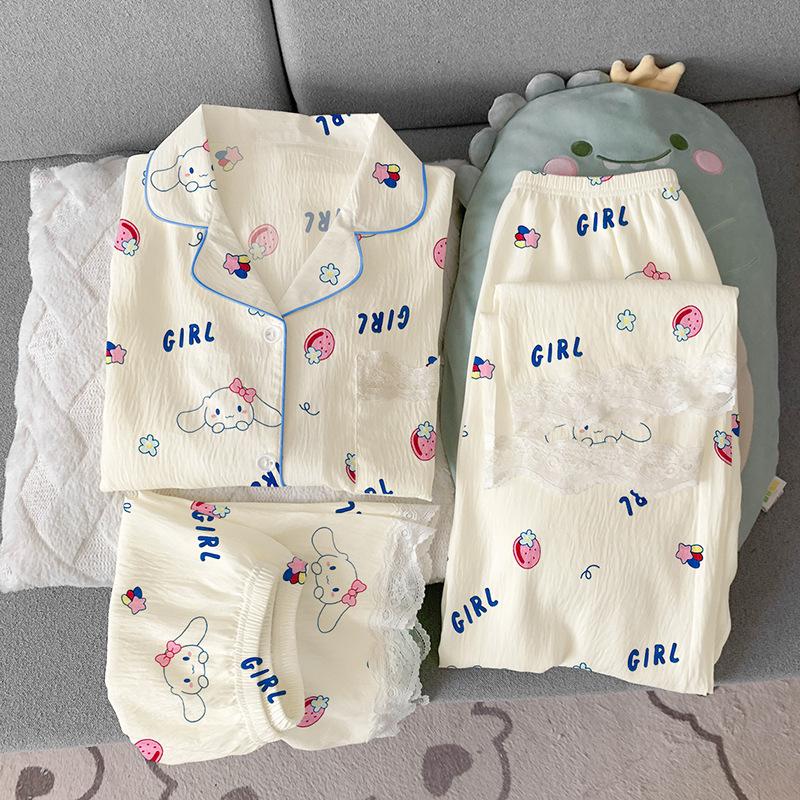 Summer Cartoon Milk Cute Jade Cinnamon Dog Pajamas Women'S Cloud Cotton Short Sleeves Cute Three-Piece Loungewear Can Be Worn Outside
