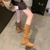 Leather Version~ Retro Suede Crossed with Flat Bottom Pleated Stacking Boots Women's Big Tube Circumference Thin Inner Height Increase Medium
