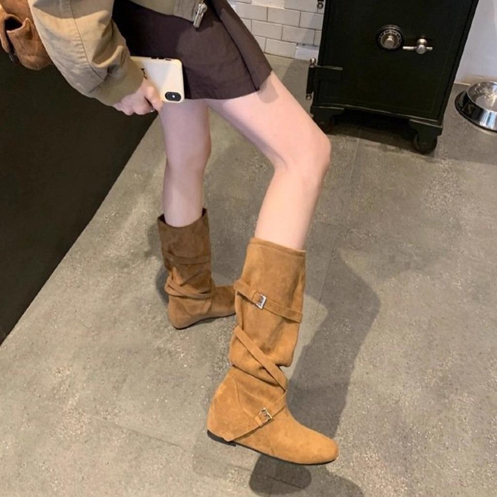 Leather Version~ Retro Suede Crossed with Flat Bottom Pleated Stacking Boots Women's Big Tube Circumference Thin Inner Height Increase Medium