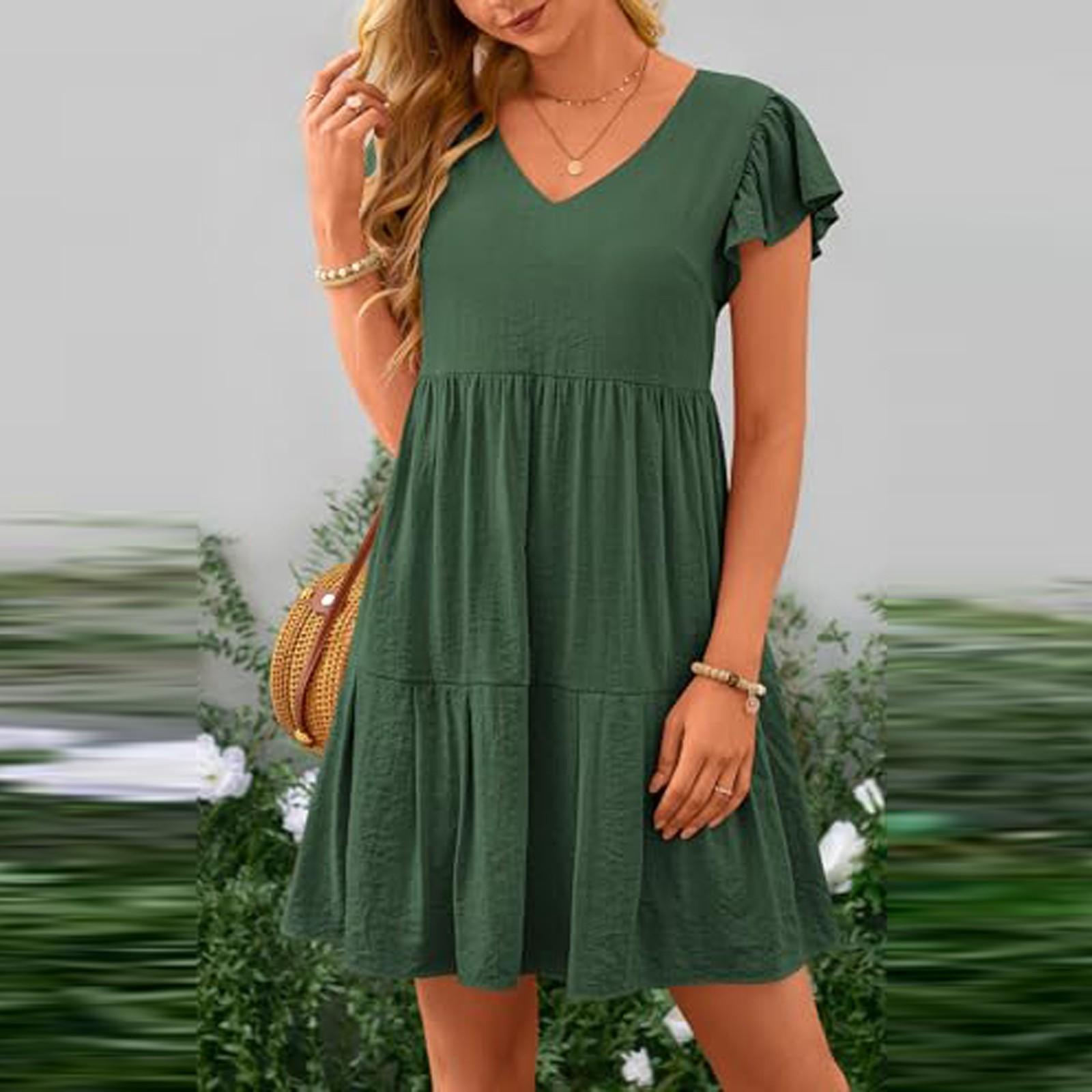 Женские летние повседневные однотонные платья с короткими рукавами и V-образным вырезом — фото 4