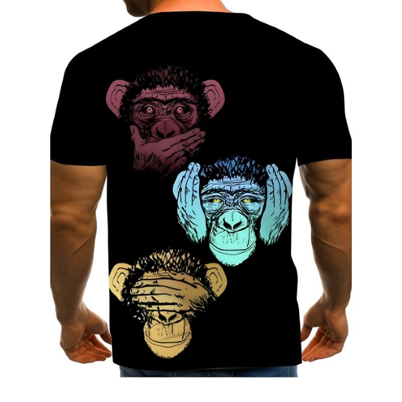 Men's Three Wise Monkeys 3D Printed T-Shirt Casual Short Sleeve Crewneck Top Spooky Skull Chimpanzee Graphic Tee Hip Hop Streetwear Summer Clothes