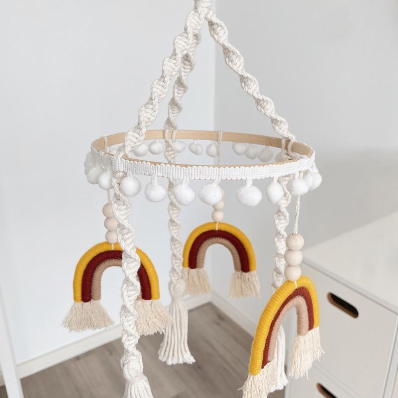 Holz Boho Baby Stubenwagen Hängespielzeug Anhänger Baumwolle Babybett Mobile Regenbogen Kinderbett Mobile für Babyzimmer Deckendekoration