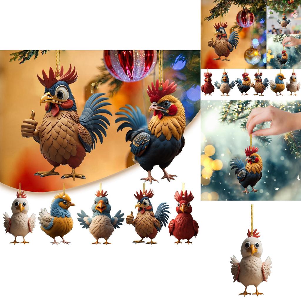 Adorable Acrylic Christmas Cartoon Chicken Car Pendant For Festive Holiday Decor