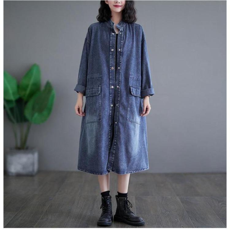 Vintage Denimmantel Frühling Damen Übergröße Lässig Lange Jacke Locker Übergröße Baumwolle Taschen