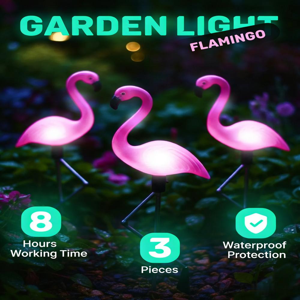 3Pcs Solar Powered Flamingo Ground Stake Lights Waterproof Outdoor Garden Pathway Decorative Night Lights for Yard Patio Lawn