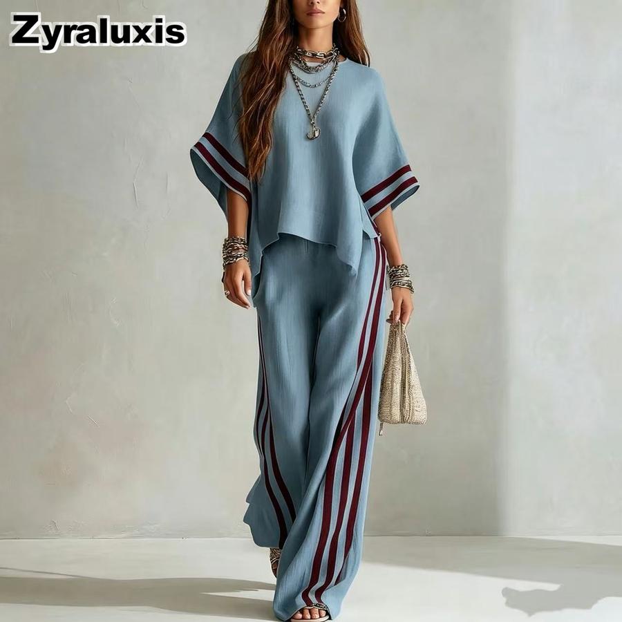 Summer New Women's Striped Patchwork Irregular Hem Casual Wide Leg Pants Two Piece Set