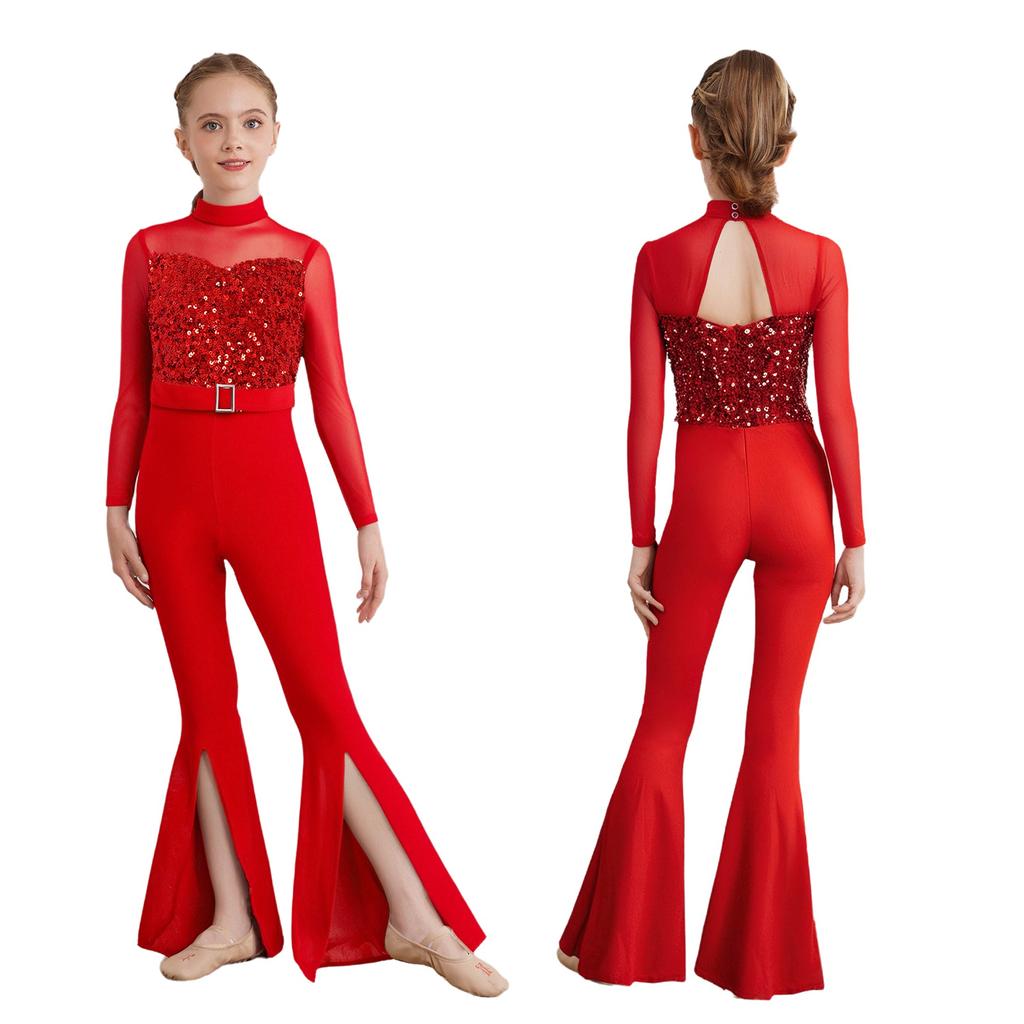 Girls Jazz Dance Jumpsuit: Mock Neck Long Sleeve with Cutout Back & Invisible Zipper, Sheer Mesh Sequins Bodice & Split Bell-Bottoms