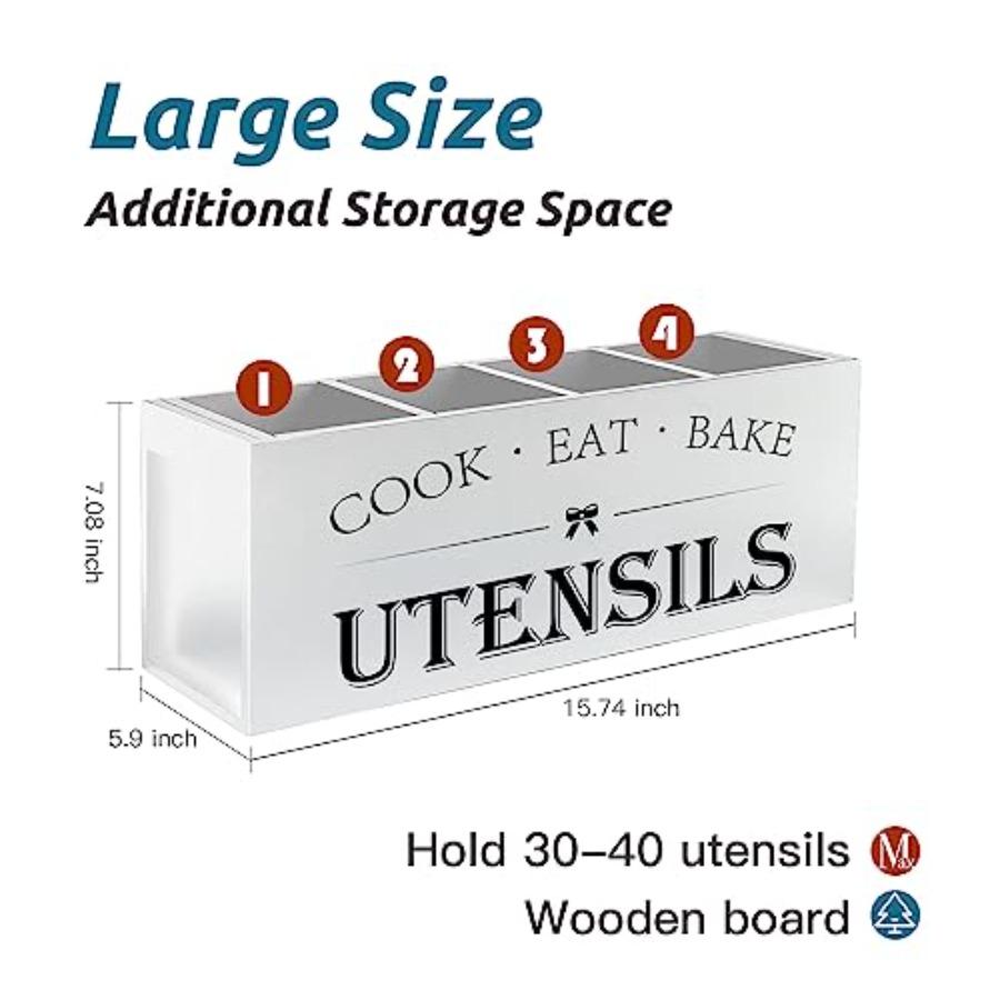 Extra Large Kitchen Utensils Holder with 4 Compartments Wooden Utensil Organizer for Countertop Farmhouse Kitchen Decor Rustic