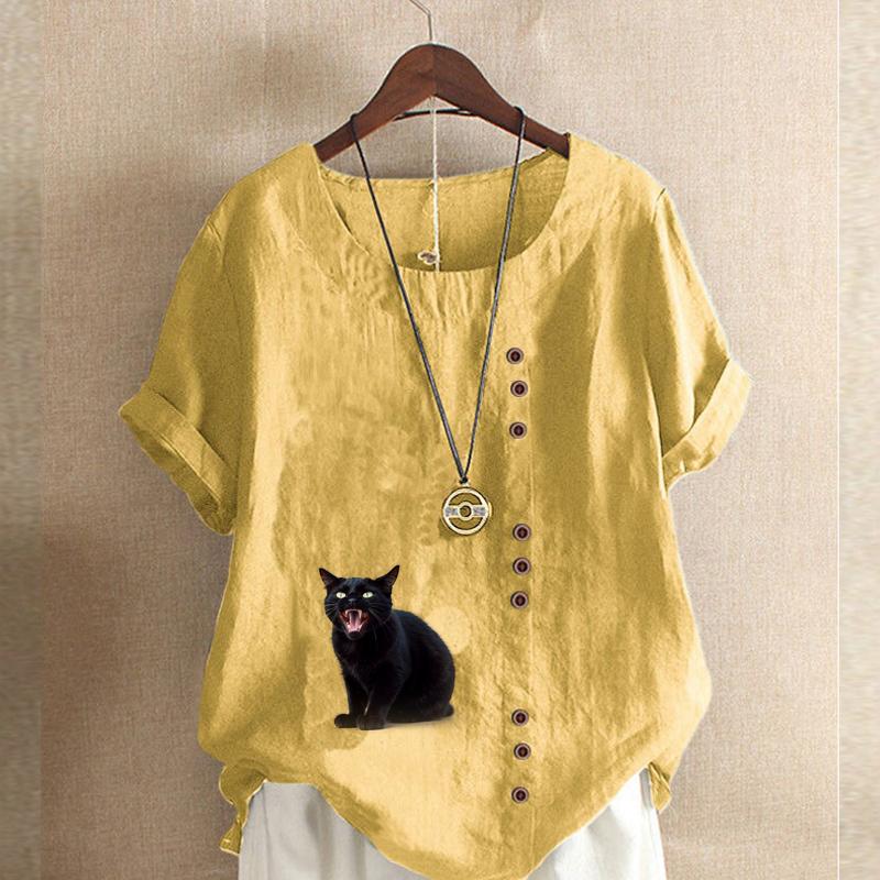 Damenmode, T-Shirt mit schwarzem Katzen-Print, kurzärmelig, lockeres Baumwollhemd, lässige Sommerbluse, Tops, Übergröße