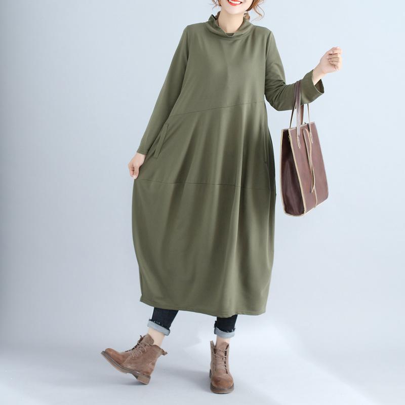 High-neck Long Sleeved Solid Color Dress