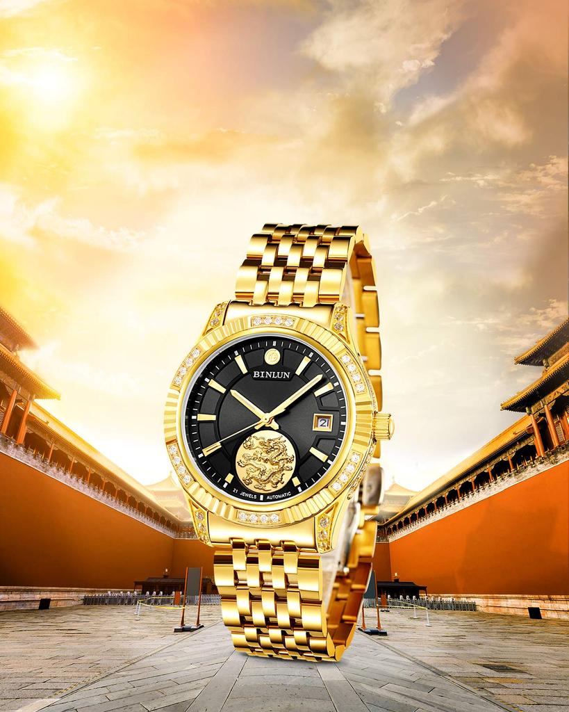 BINLUN Gold Mechanical Automatic Watch with Analog Date Stainless Casual Business Watch for Men Men's Display, Waterproof, Display, Steel, [Used]