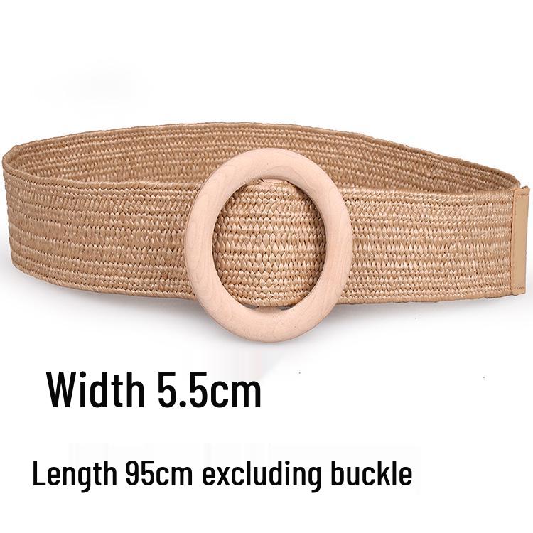 Damen Ethno-Stil Runder Holzschnallen Raffia Gewebter Taillengürtel