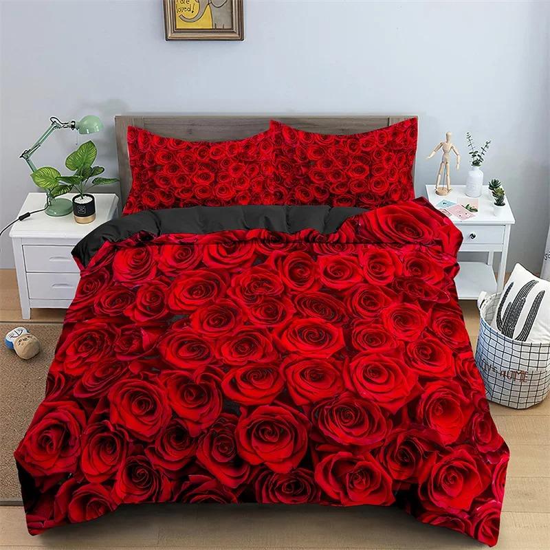 Floral Red Rose Romantic Flowers Valentine's Day Bedding Set Boys Girls Twin Queen Size Duvet Cover Pillowcase Bed Kids Adult