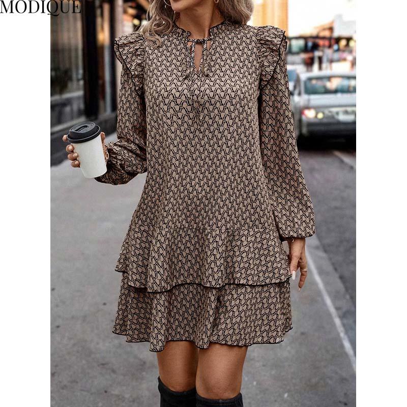 MODIQUE 2025 Sommer Neues Damen Retro Allover-Print Mehrfachplissiertes Kurzes Kleid mit Bindegürtel Damen Casual A-Linien-Kleid