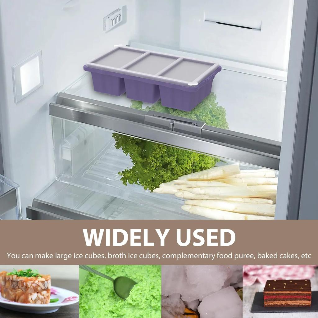 2Pcs 3 Grid Silicone Freezer Tray Food Freezer Container with Lid Soup Reusable Sauce Cube Mold Kitchen Accessories 1 Cup/250 ml