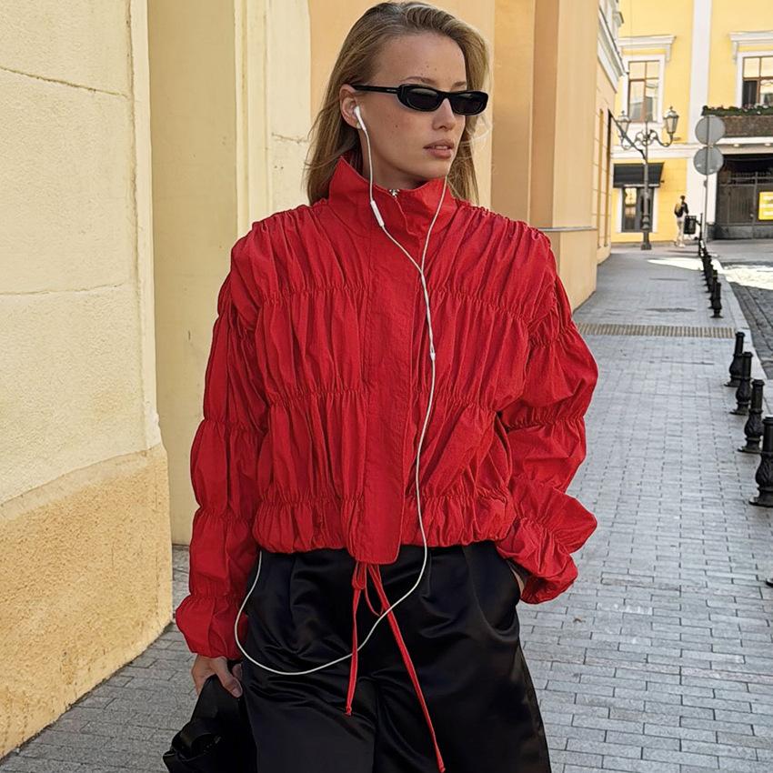 Women's Red Ruched Jacket 2026 Autumn Stand Collar Zip Front Drawstring Hem Long Sleeve Cropped Windbreaker Streetwear Casual Outerwear for Women