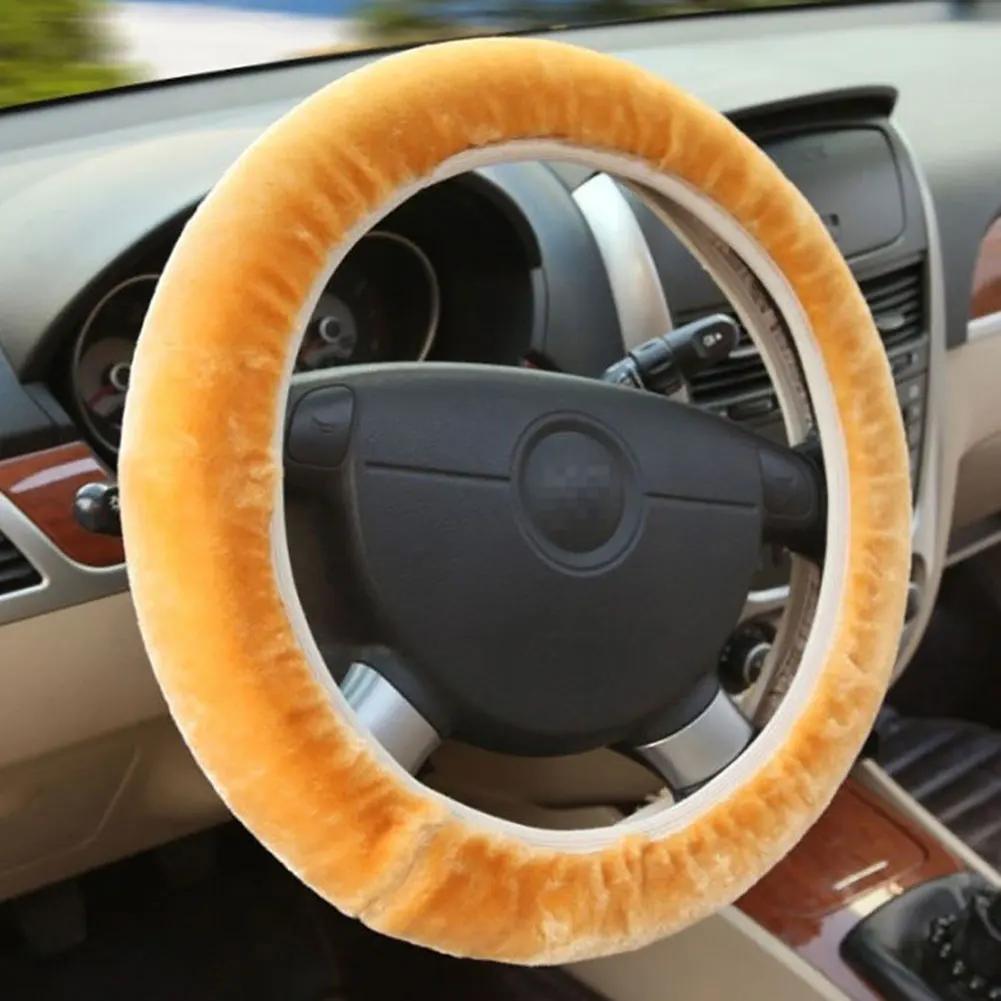 

Универсальный плюшевый теплый чехол на руль для салона автомобиля, стильные зимние чехлы на руль из искусственного меха, автомобильные аксессуары бежевый