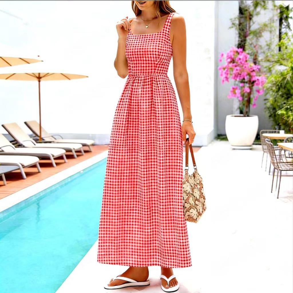 Women Casual Loose Fit Sleeveless Dress Square Neck A-Line Long Maxi Dress with Checkered Pattern Summer Sundress