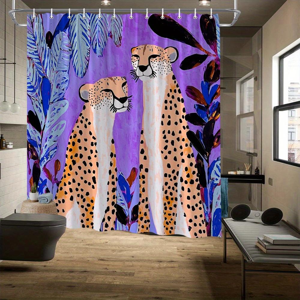 

Cheetah Shower Curtain – Two Cheetahs In Love, Purple Blue Foliage Art, 70.8X70.8In, Fade-Resistant, Includes Hooks W60H190(CM)-1 Pcs