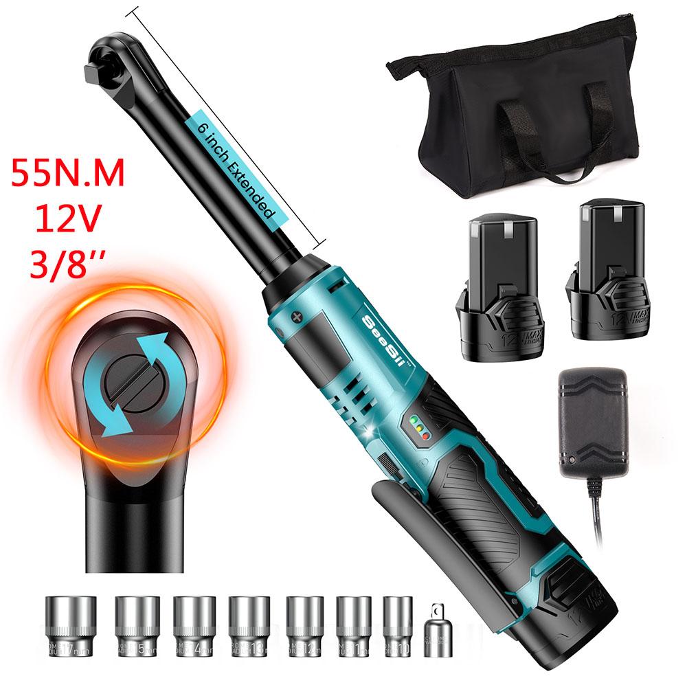 Seesii 6.3'' Extended Electric Ratchet Wrench 3/8" Cordless Electric Wrench 80Nm 21V  Rechargeable Angle Wrench Car Repair Tools