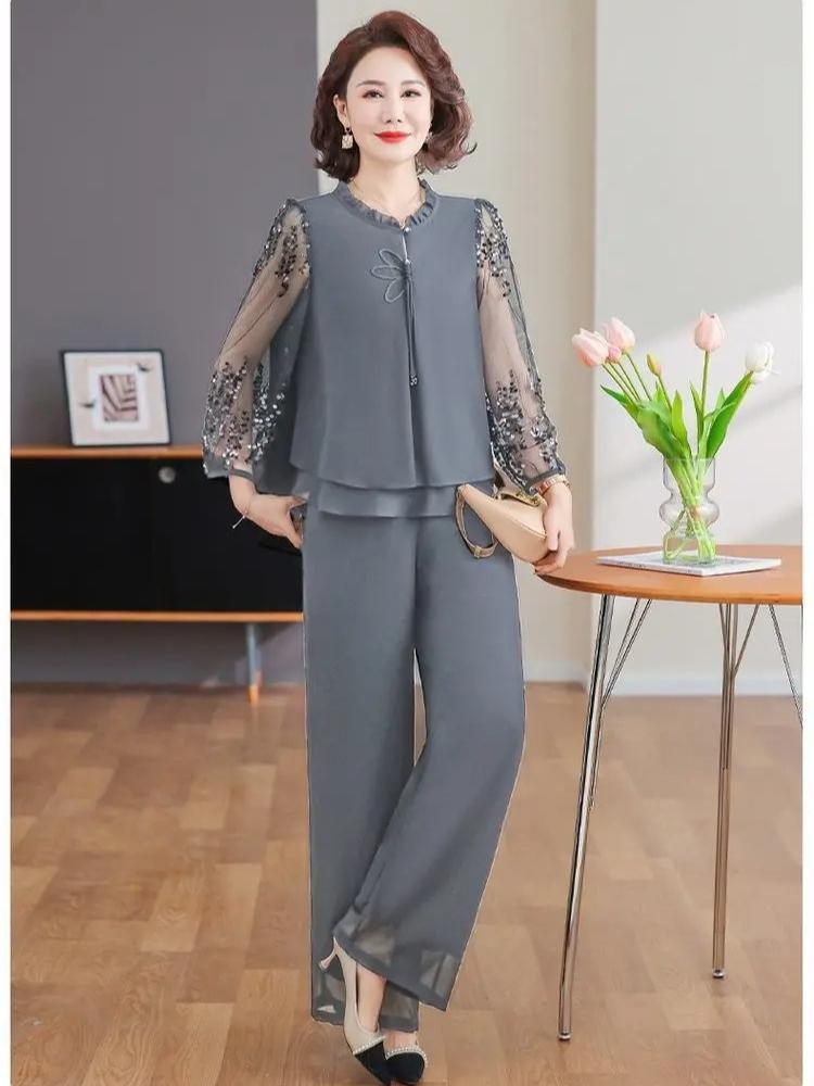 Set de ținută de primăvară pentru mamă, Top elegant pentru tineri, Set de vară din două piese pentru femei de vârstă mijlocie și în vârstă