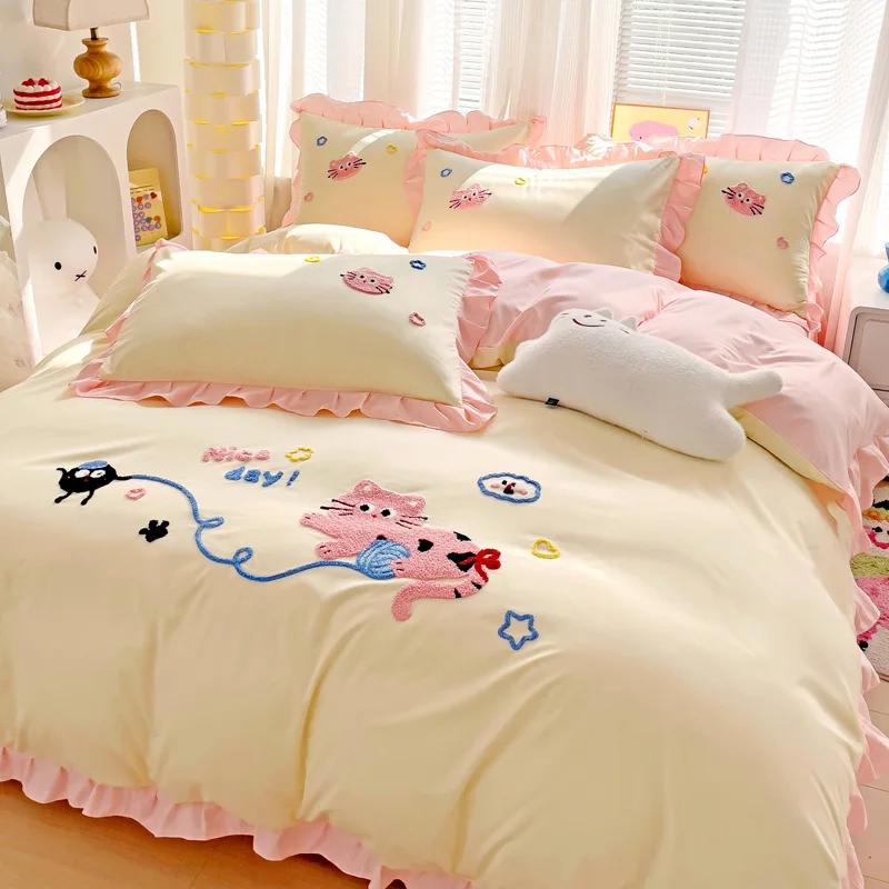 Set de lenjerie de pat Inimi Roz Stil Nordic Lenjerie de pat cu fețe de pernă Textile pentru casă Fete Husă de pilotă respirabilă King Queen Twin