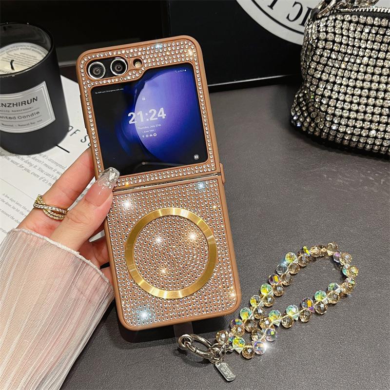 Diamond Magnetic Protective Case with Lanyard for Samsung Z Flip 6/7, Compatible with Wireless Charging