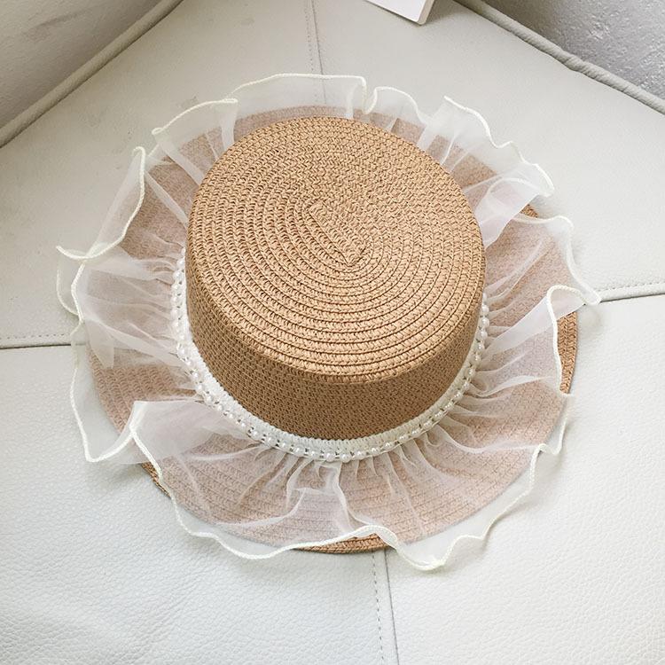 Girls Summer Straw Sun Hat With Pearl Lace Wide Brim Baby Beach Shade Cap Stylish UV Protection Outdoor Headwear