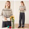 TUHUANG Women's Pure Wool Round Neck Color Block Stripe Sweater