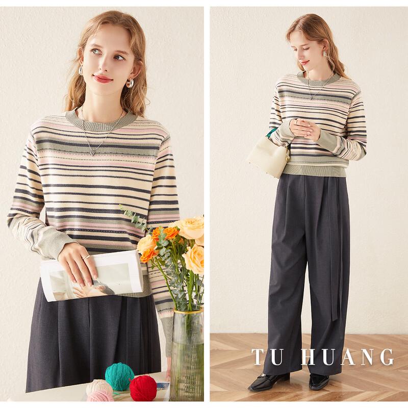 TUHUANG Women's Pure Wool Round Neck Color Block Stripe Sweater