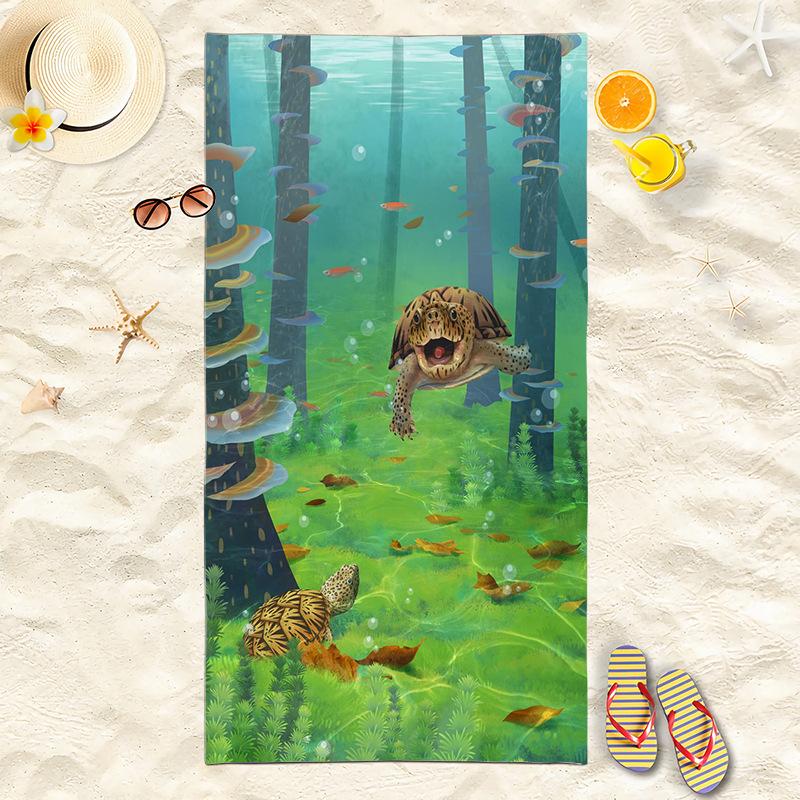 School of Fish Sea Turtle Beach Towel, Blue Ocean Print Quick-Dry Towel