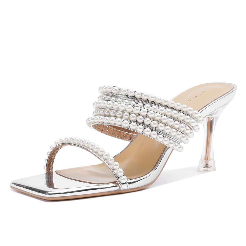 70206 [sheepskin] High-heeled Slippers Women's Thin Heels Summer 2025 New Square Head Pearl One-word Sandals