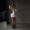Women's V Neck Long Sleeve Mini Dress Slim Fit Mid Rise Solid Color Mesh Spliced Ruffle Hem Elegant Summer Club Skater Dress