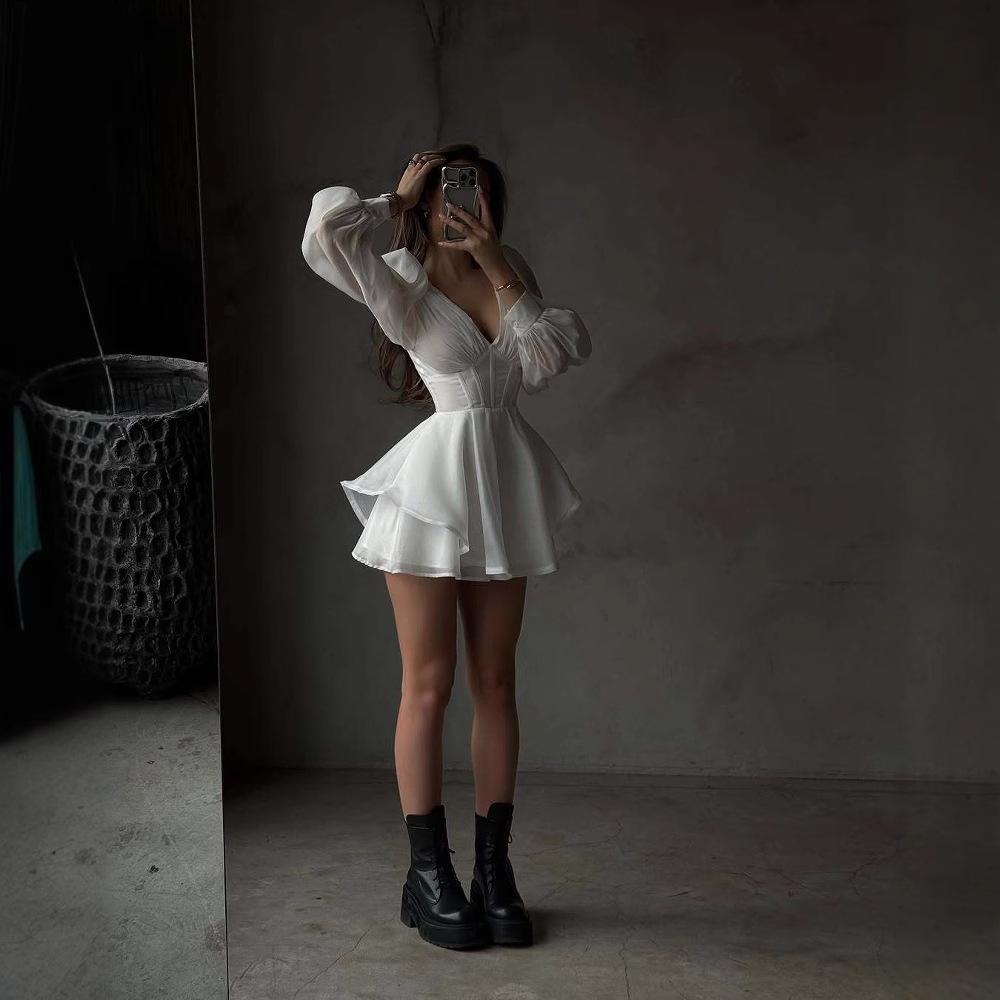 Women's V Neck Long Sleeve Mini Dress Slim Fit Mid Rise Solid Color Mesh Spliced Ruffle Hem Elegant Summer Club Skater Dress