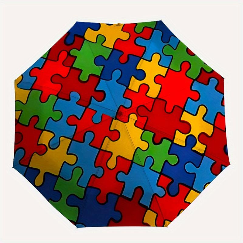 1pc Puzzle Pieces Automatic Folding Umbrella, 8-Rib Sturdy Canopy, Portable Travel Umbrella for Outdoor Use