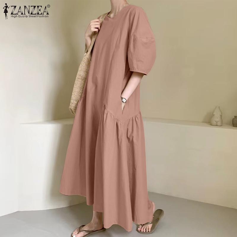 ZANZEA Dámské ležérní šaty s kulatým výstřihem, jednobarevné, s 3/4 rukávy, dlouhé