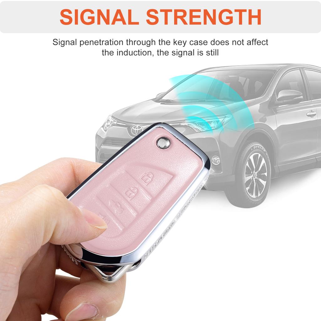 Compatible with Toyota Key Fob Cover with Keychain, Pink Genuine Leather Crystal Key Case Protection Shell for Fortuner Tundra C