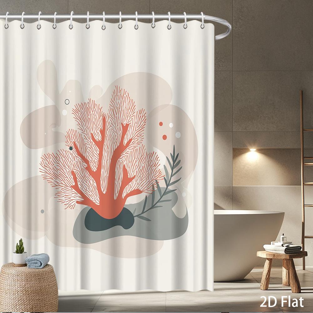 Coral & Leaf Shower Curtain – Polished Coral Orange, Soft Abstract Background, 2D Flat Print, Waterproof Polyester, 12 Hooks