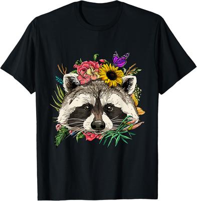 Floral Raccoon Face T-Shirt Trash Panda Graphic Tee Soft Cotton Casual Trip Wear