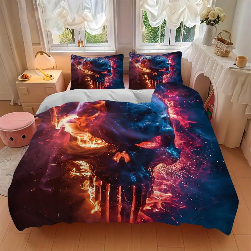 3pcs Flaming Skull Bedding Set, Including, Without Filling, Soft and Comfortable Home Bedroom.J050