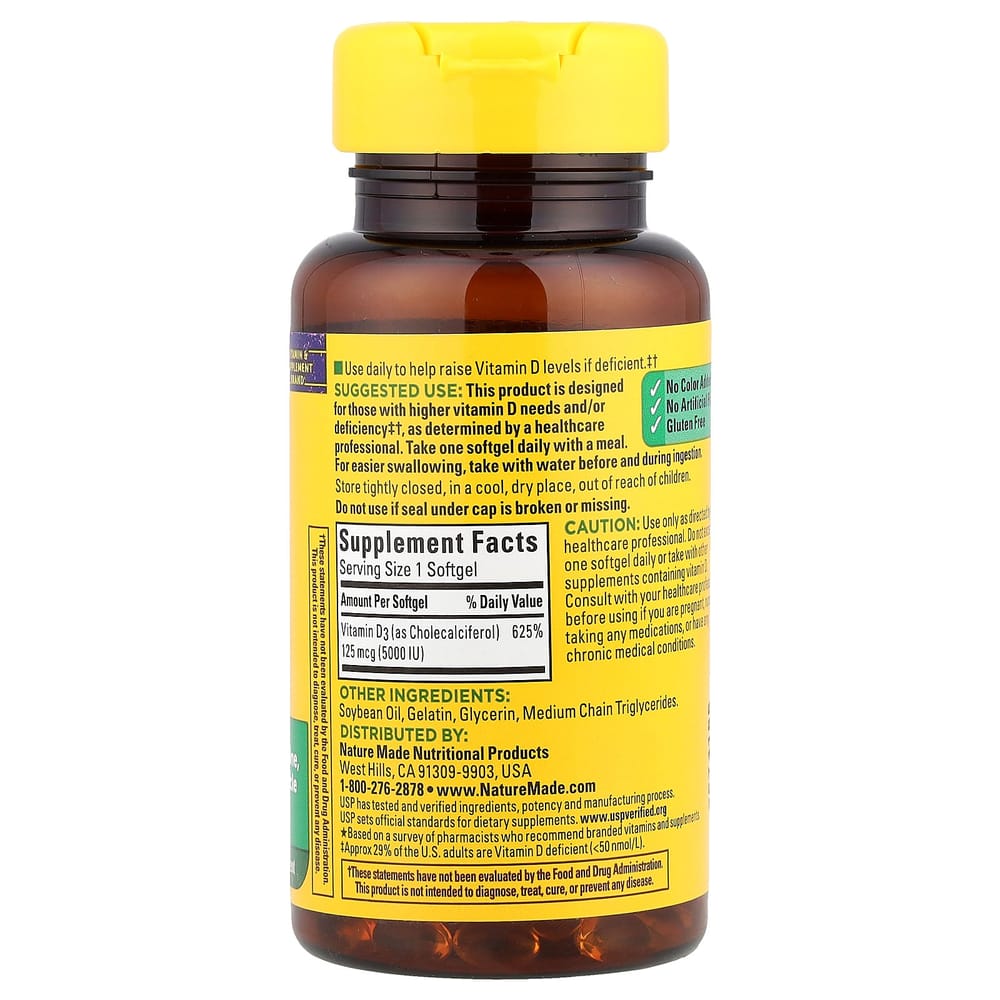 Nature Made D3 Extra Sterkte 125mcg (5000 IE) Softgels, 90 Stuks