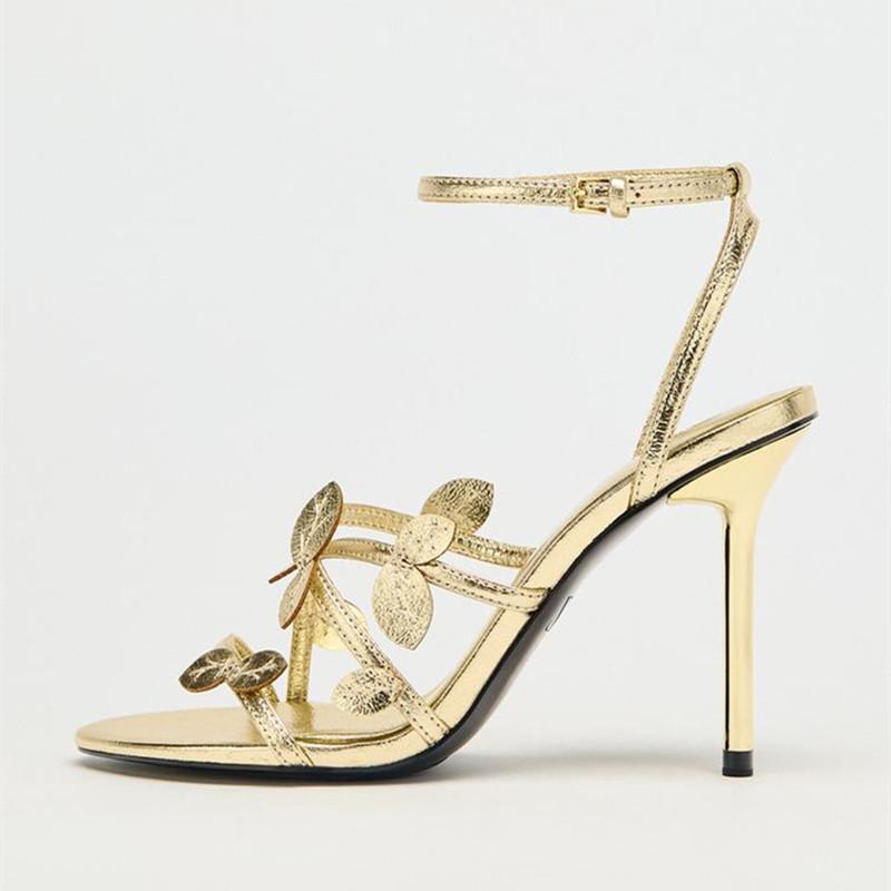 Elegant Gold Heeled Sandals for Women Fashion Leaf Decoration Ankle Strap  High Heels Luxury Wedding Bridal Dinner Shoes