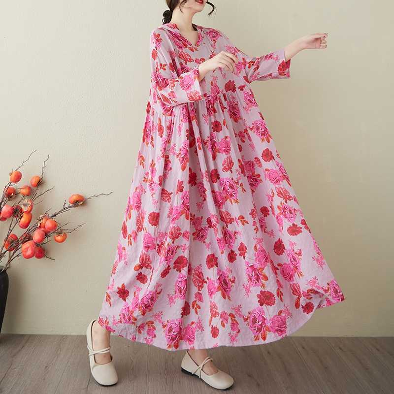 Ladies' Gentle Wind and Cloud Brocade Cotton and Hemp Hooded Printed Dress