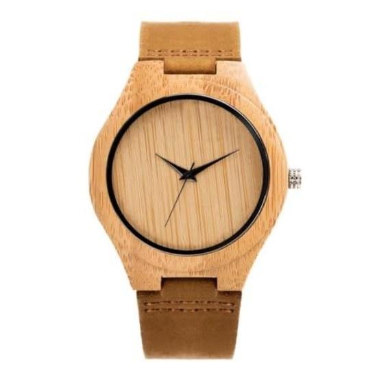 Mens wristwatch wooden bamboo genuine leather strap quartz simple casual natural wood Japanese movement logo custom (Bamboo Kouka Shikato Men)