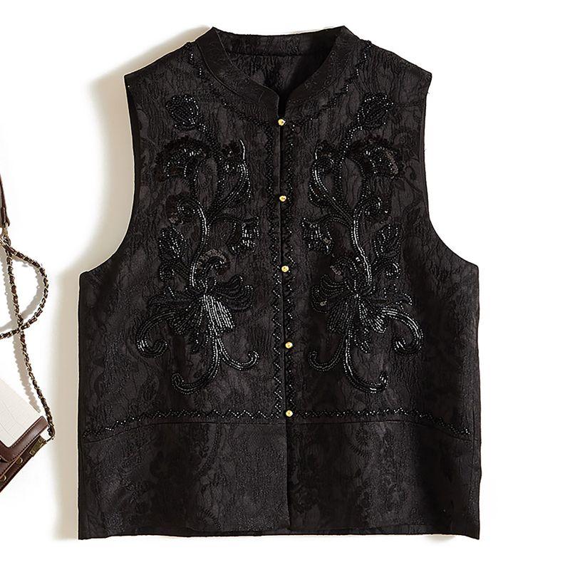 

2025 Fire-Free! Chasing Quality Women Small Stand Collar Embroidered Beads Sequined I-Shaped Vest Luminous New Outerwear Black L