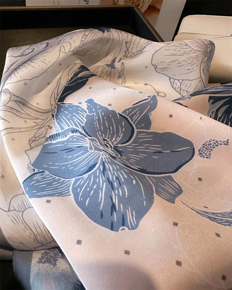 Elegant Colorblocked Floral Shawl Square Scarf for Women Satin Wraps Neckerchief Female Hair Bands Ribbon Headband Bandana