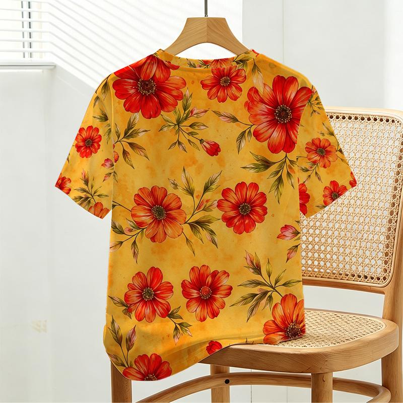 Women's Loose Fit Floral Short Sleeve T-Shirt - Simple Commute Style, Soft Round Neck, Casual & Versatile, Comfortable for Daily & Outdoor Wear