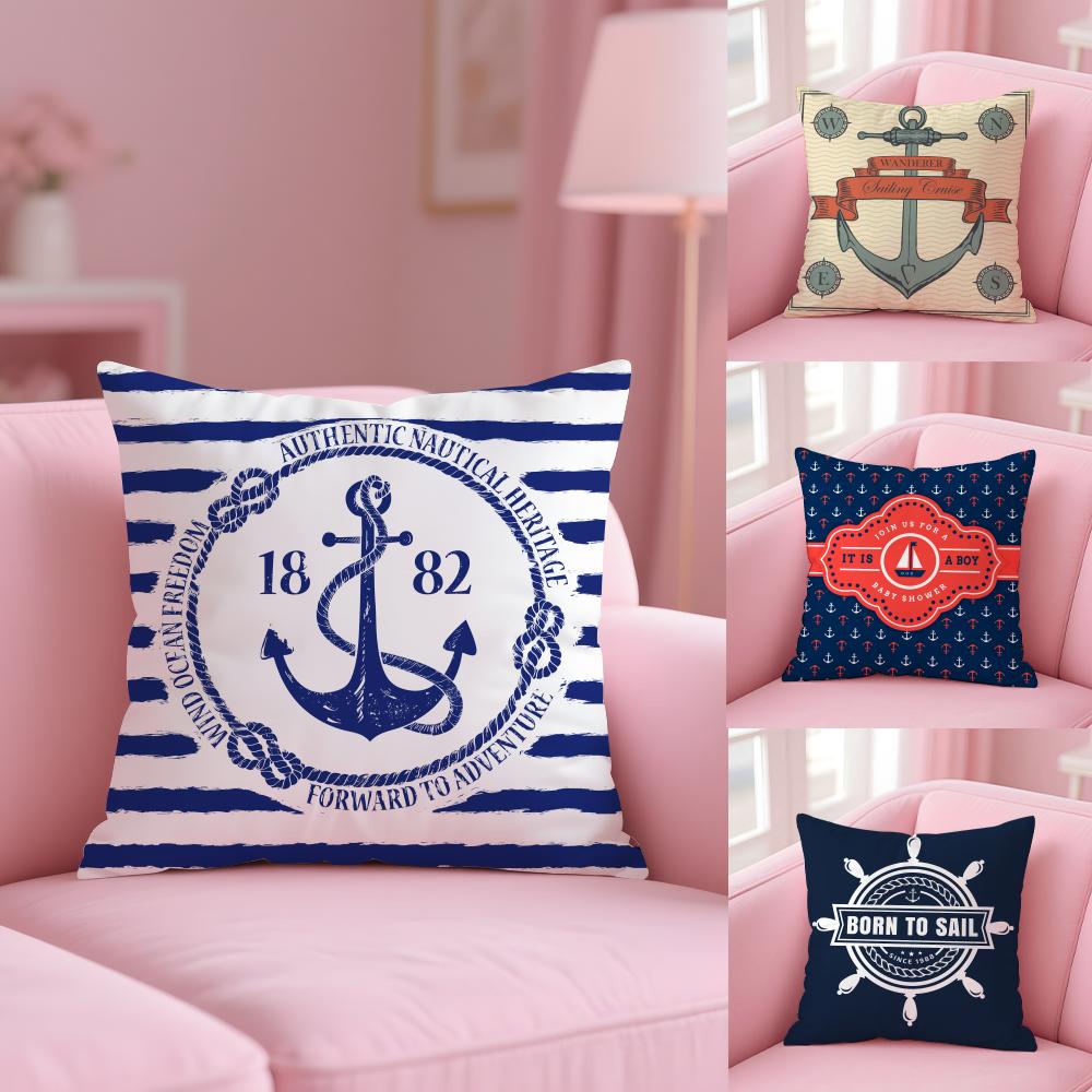 Nordic Dark Blue Sailing Cushion Cover Plush Fabric Soft Double-Sided Printed Sofa Warm Winter Home Gift Pillow Cover