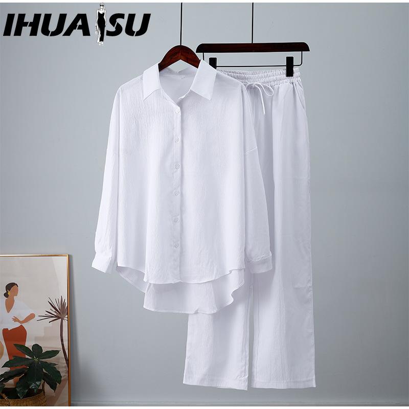 IHUASU Autumn and Winter Loose Stretch Wrinkled Long-sleeved Shirt Wide-legged Trousers Leisure Suit Female Two-piece Set