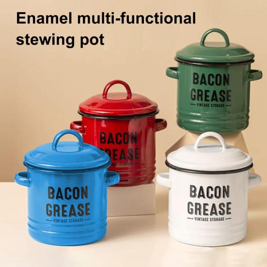 Vintage Enamel Bacon Grease Container with Lid Rustic Farmhouse Grease Container with 2 Handles Kitchen Oil Storage Jar for Storing Lard Spices Soup